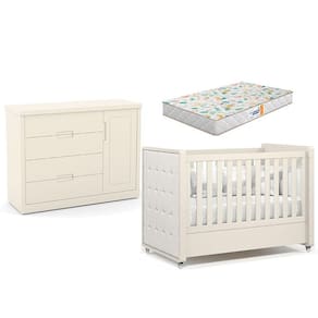 Berço Americano com Capitonê New Boucle e Cômoda Infantil Tutto New Off White e Colchão Gazin - Matic