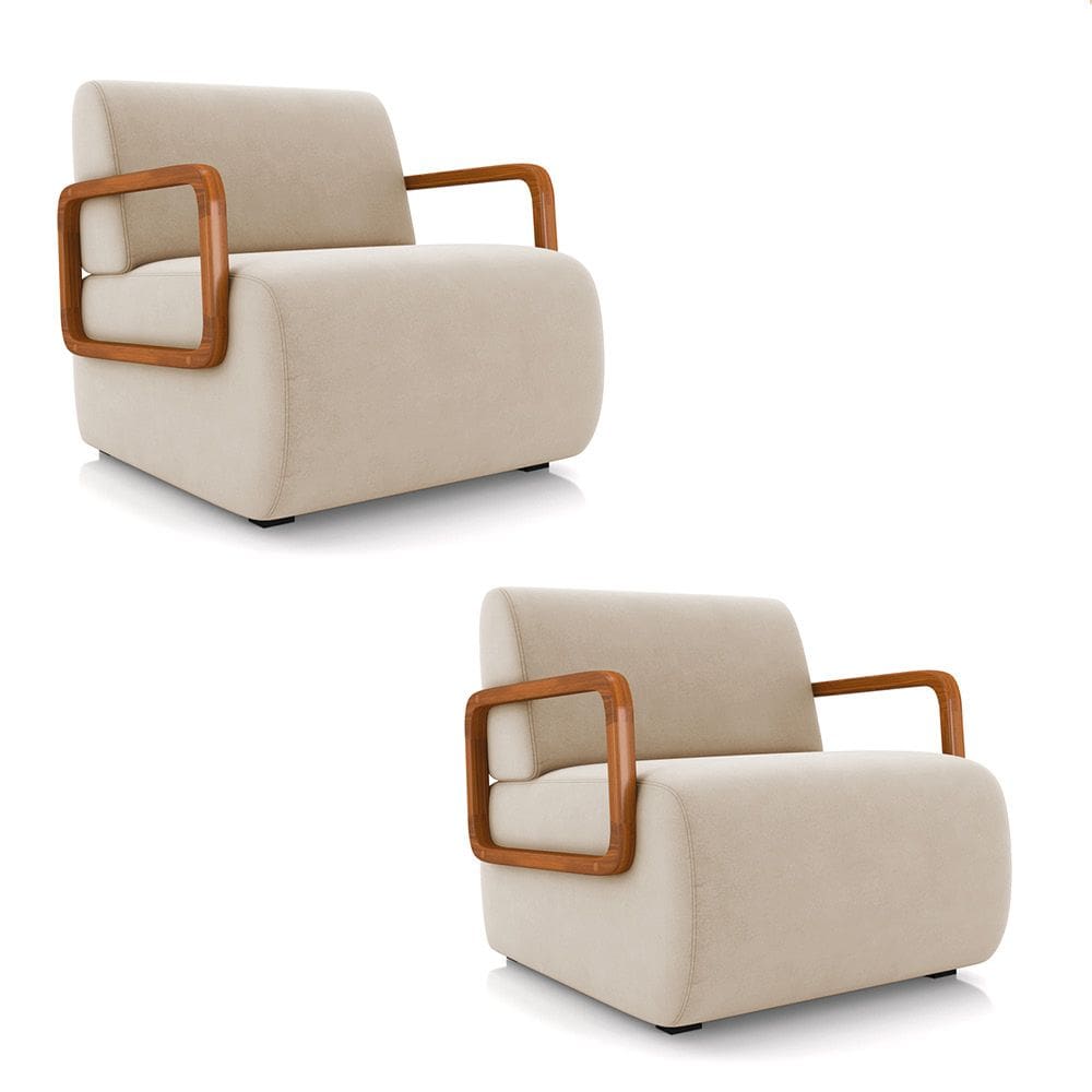 Poltrona Sala de Estar Braço de Madeira Kit 2 Hellen Veludo Bege K01 - D`Rossi