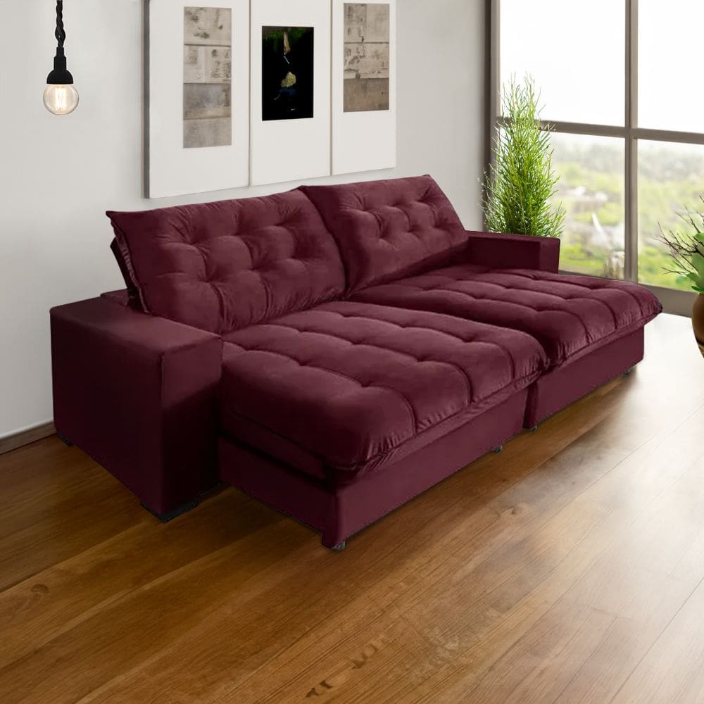 Sofá Califórnia Retrátil e Reclinável 3 Lugares 2,10m com Molas Ensacadas e Pillow Vinho