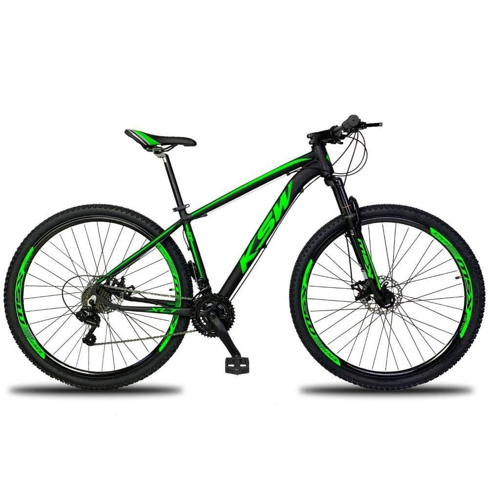 Bicicleta Aro 29 Ksw 27v Deore Freio Hidraulico Trava Guidão - Preto-verde - 21”