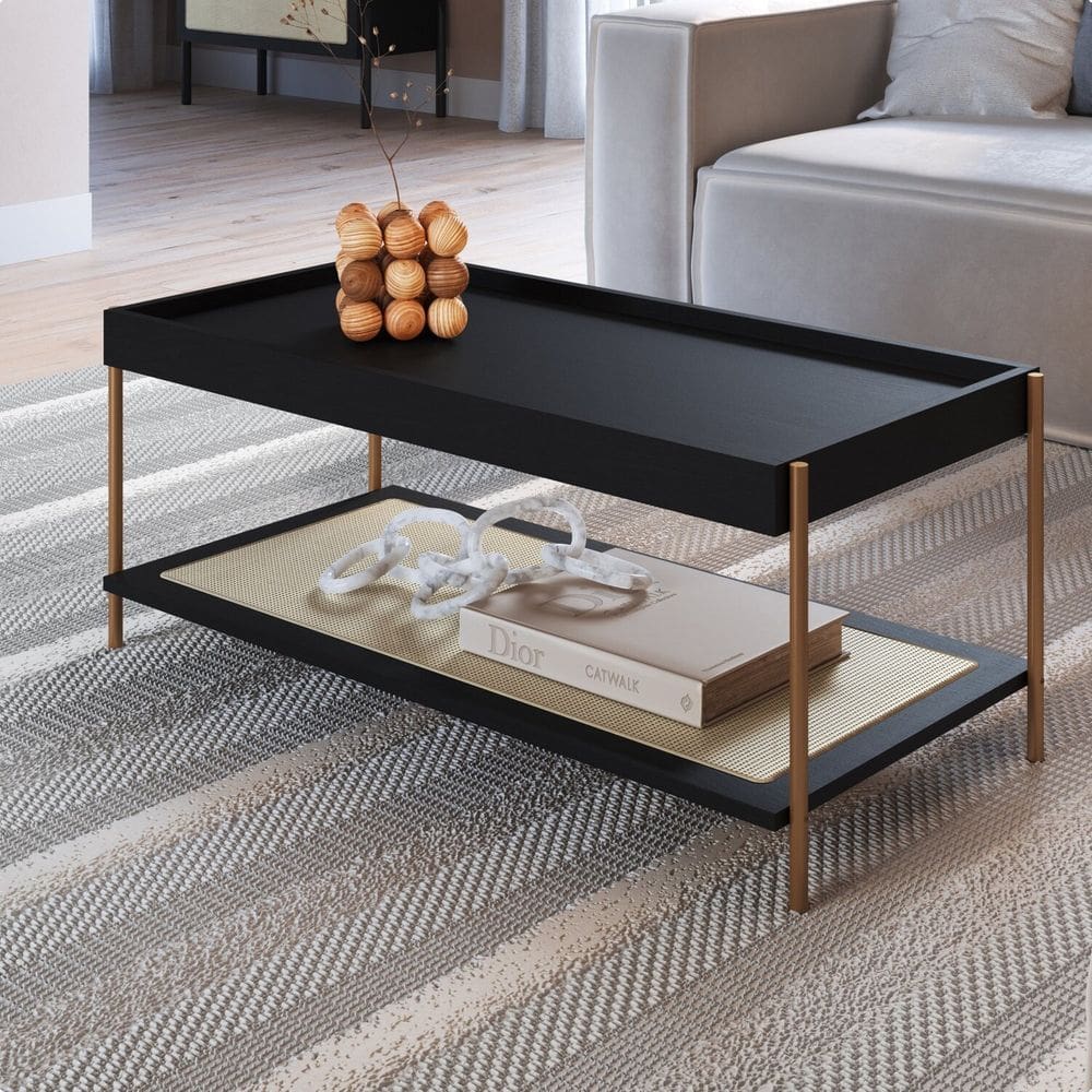 Mesa de Centro Retangular com Prateleira 93cm Palhinha Pé Metal Oslo Nero/Dourado