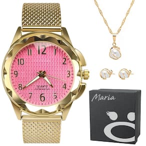 Relogio feminino aço prova dagua dourado banhado + pulseira + colar moda casual coração resistente