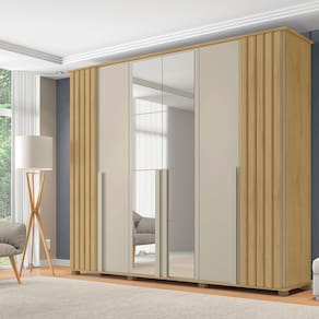 Guarda-roupa Casal 6 Portas com Espelho e 4 Gavetas Amsterdã Cinamomo/Off White