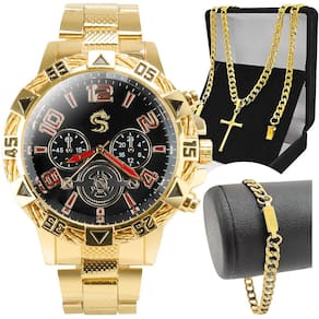 Relogio masculino dourado + pulseira grumet + cordão cruz religioso social analogico presente casual