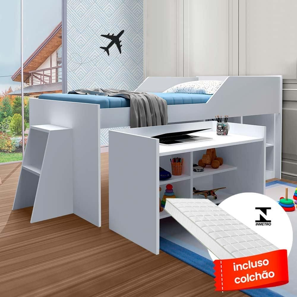 Cama Escrivaninha Colchão Solteiro Branco Master Gabrielli - Branco