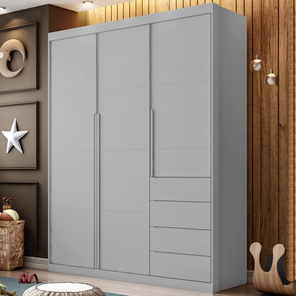 Roupeiro Infantil 3 Portas e 4 Gavetas Pérola Cinza Phoenix Baby - Branco