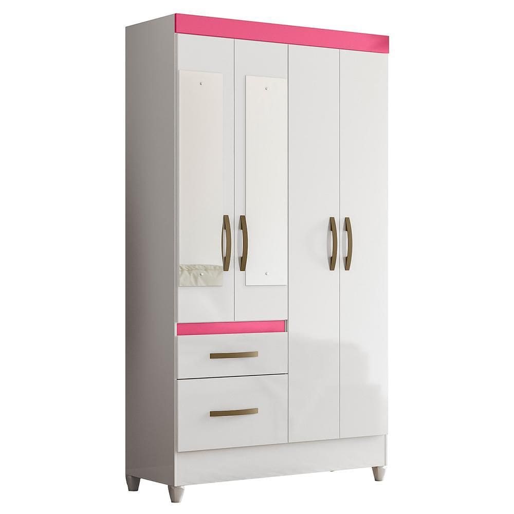 Guarda Roupa Solteiro Madri 4 Portas e 2 Gavetas com Espelho - Moval - Rosa