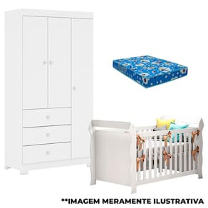 Berço Americano Lara e Guarda Roupa Duda 3 Portas Branco Brilho com Colchão - Phoenix Baby