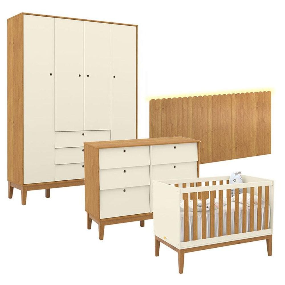 Quarto de Bebê Unique 4 Portas com Cômoda 6 Gavetas e Painel Farm com Led Off White Freijó Eco Wood - Matic