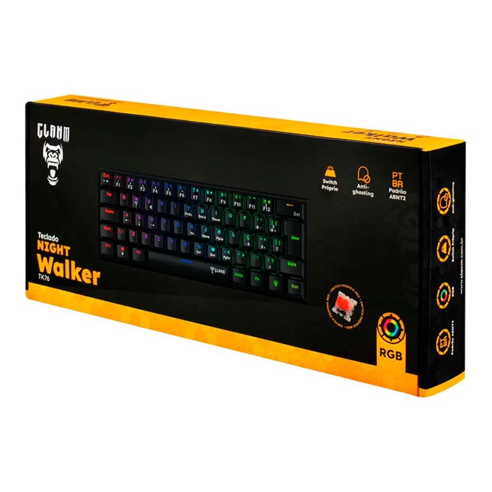 Teclado Gamer Mecanico Clanm 60% Night Walker Preto Switches Red Cabo Nylon Trancado Removivel