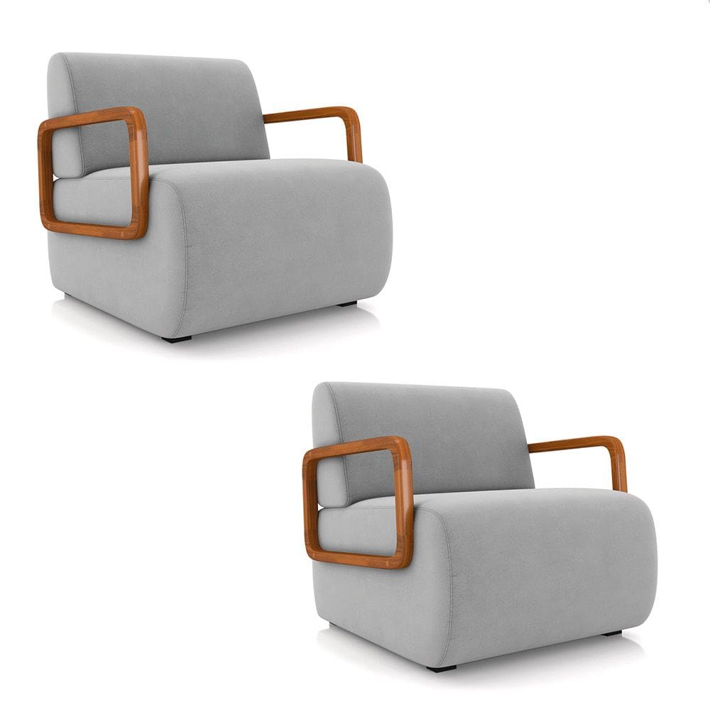 Poltrona Sala de Estar Braço de Madeira Kit 2 Hellen Veludo Cinza K01 - D`Rossi