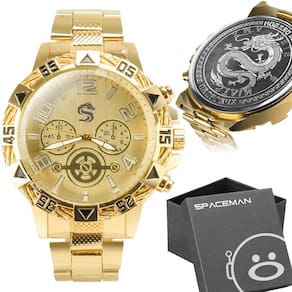 Relogio masculino aço inox grande dourado + caixa