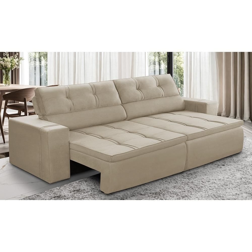 Sofá Retrátil e Reclinável 3 lugares 2,30m com Molas Stella Suede Bege Adonai Estofados