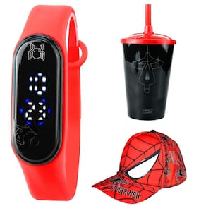 Relogio digital infantil prova dagua + copo + boné aranha presente menino qualidade premium heroi