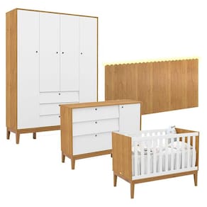 Quarto de Bebê Unique 4 Portas com Cômoda Sapateira e Painel Farm com Led Freijó Branco Soft Eco Wood - Matic