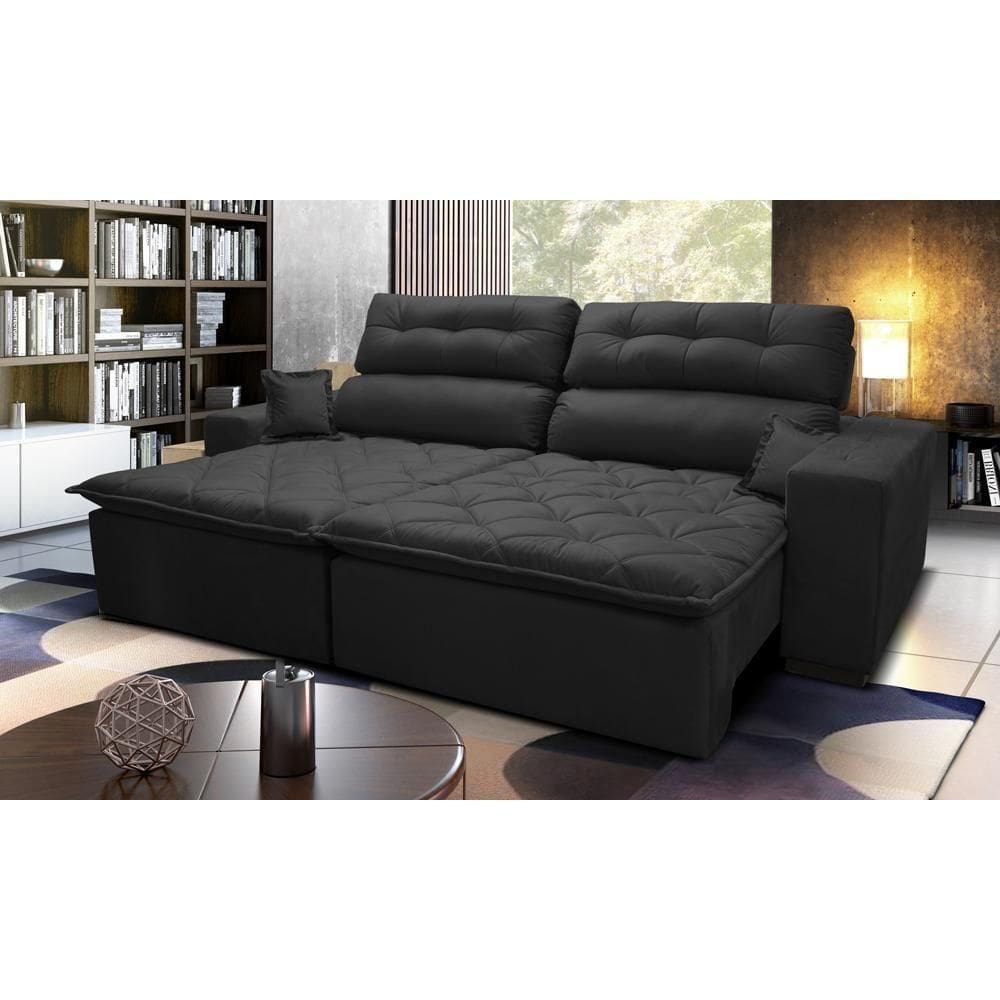 Sofá 2,32m Retrátil E Reclinável Com Molas Cama Inbox Confort Tecido Suede Velusoft Preto