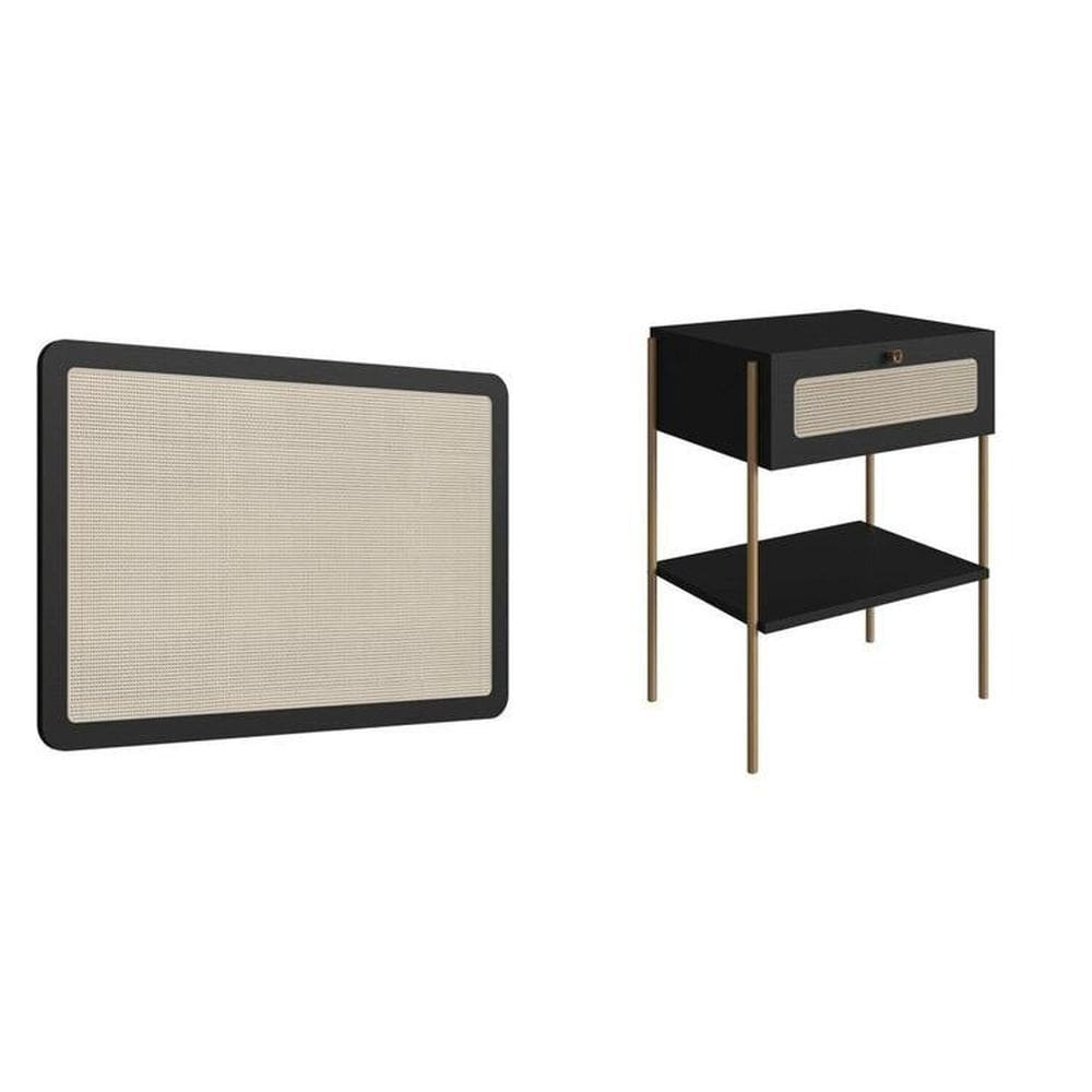 Conjunto Cabeceira Solteiro 90cm e Mesa de Cabeceira 1 Gaveta Pé Metal Dourado Palhinha Oslo Nero/Dourado