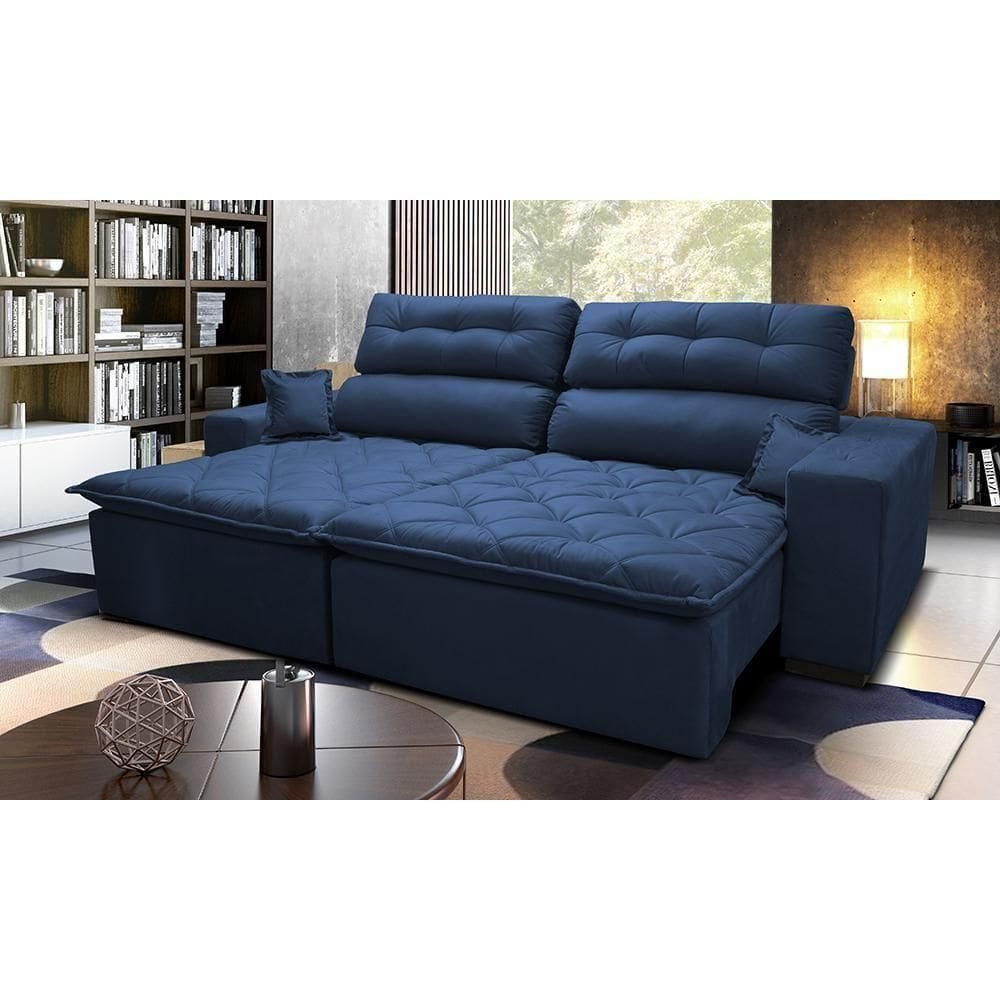 Sofá 2,12m Retrátil E Reclinável Com Molas Cama Inbox Confort Tecido Suede Velusoft Azul