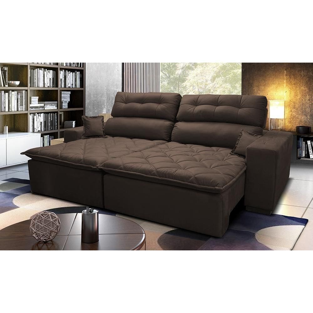 Sofá 2,02m Retrátil E Reclinável Com Molas Cama Inbox Confort Tecido Suede Velusoft Café