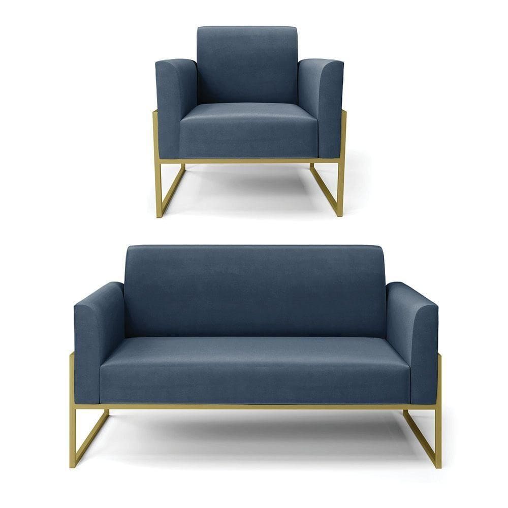 Sofá Namoradeira Com Poltrona Base Industrial Alta Dourado Marisa Suede D03 - D\`rossi Cor Azul Marinho