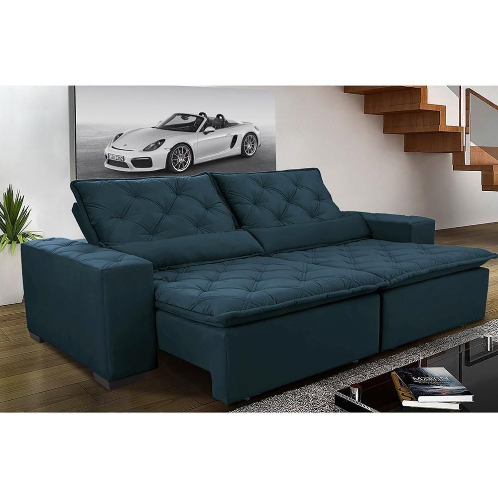Sofá Magnum 2,62m Retrátil, Reclinável Com Molas E Almofadas Lombar Tecido Suede Velusoft Azul