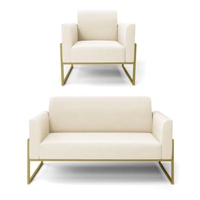 Sofá Namoradeira Com Poltrona Base Industrial Alta Dourado Marisa Veludo Bege D03 - D\`rossi