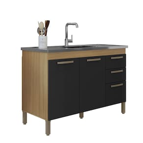 Balcão de Cozinha com Tampo Inox 120cm Luna I01 Carvalho Preto - Clique Chique