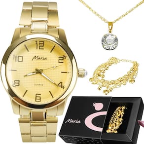 relogio feminino dourado aço + colar strass + pulseira