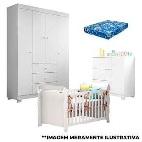 Quarto de Bebê Duda 4 Portas e Berço Americano Lara Branco Brilho com Colchão – Phoenix Baby