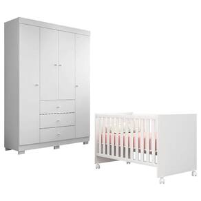 Berço Americano Mini Cama Doce Sonho 100 com Guarda Roupa Infantil Duda 4 Portas Branco Brilho – Phoenix Baby