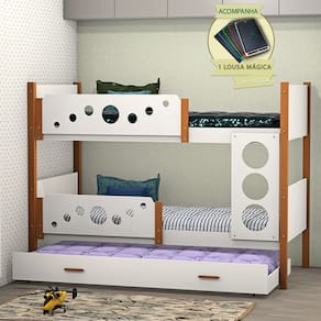 Beliche Infantil Solteiro Star Com Cama Auxiliar Branco Com Castanho Claro - Divaloto Móveis + Acompanha Lousa