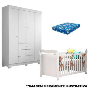 Berço Americano Lara e Guarda Roupa Duda 4 Portas Branco Brilho com Colchão - Phoenix Baby