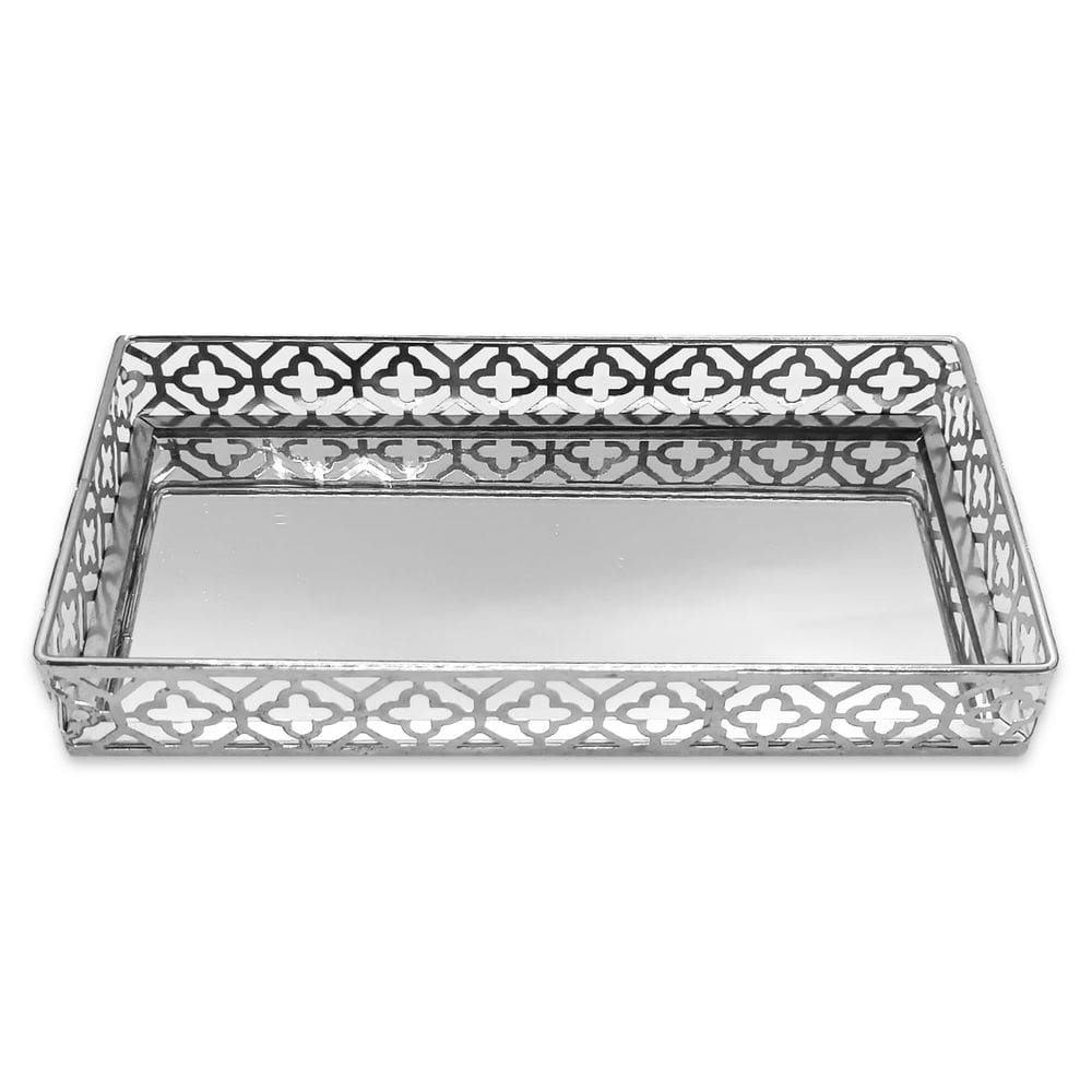 Bandeja Espelhada Decorativa Prata Moderna Delicada 26x12