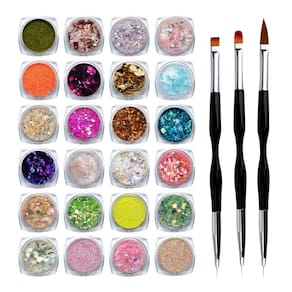 Kit 24 Enfeites Glitter Decoração Unhas + 3 Pinceis 2 pontas