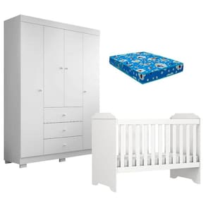 Berço Americano Mini Cama Mel e Guarda Roupa Duda 4 Portas Branco Brilho com Colchão Ortobom - Phoenix Baby