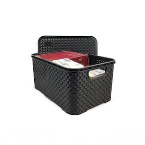 Cesto Caixa Organizadora Rattan De Plástico Resistente Médio Com Tampa Capacidade 8 Litros Cor:preto