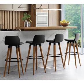 Kit 4 Banquetas Altas Luxo Versatil Aço Preto Linho Preto Base Carvalho