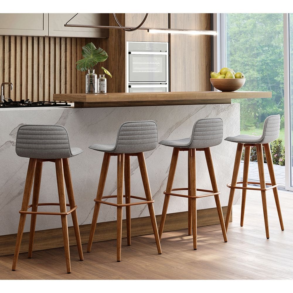 Kit 4 Banquetas Altas Luxo Linea Aço Cobre Linho Cinza Base Carvalho