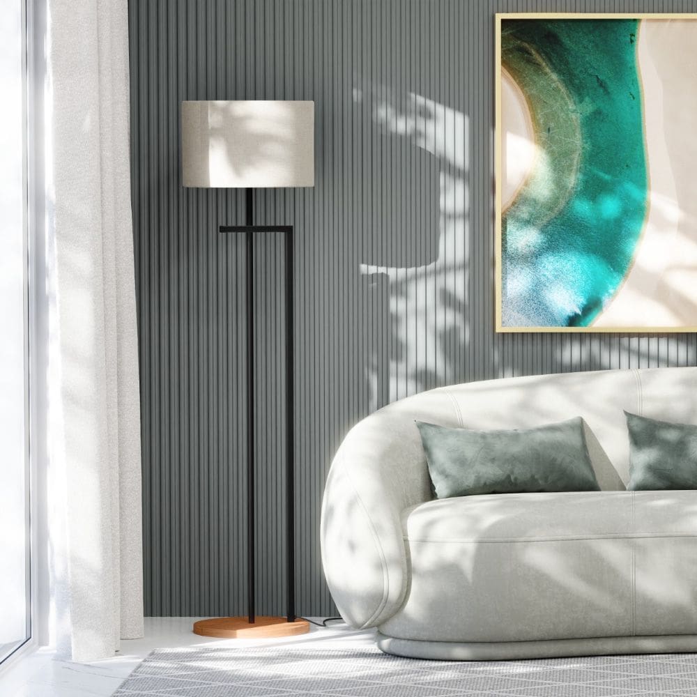 Luminária Abajur de Chão Indústrial Salone Preto com Cúpula Palha