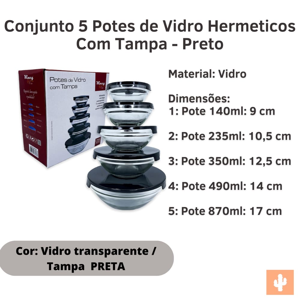 Conjunto 5 Potes de Vidro Hermeticos Com Tampa - Preto