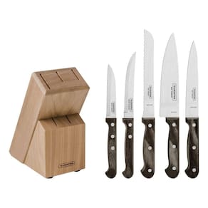 Jogo De Facas Tramontina Polywood Aço Inox E Cabos De Madeira Castanho Suporte De Madeira 6 Peças