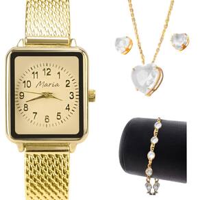 relogio feminino banhado + colar + brincos + pulseira