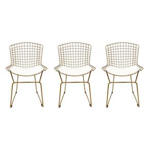 Kit 3 Cadeiras para Cozinha Bertoia tradicional cor Dourado fosco assento branco - Poltronas do Sul