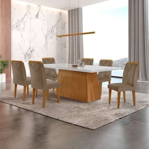 conjunto de mesa de jantar retangular com tampo de vidro off white luna e 6 cadeiras italia veludo capuccino e imbuia