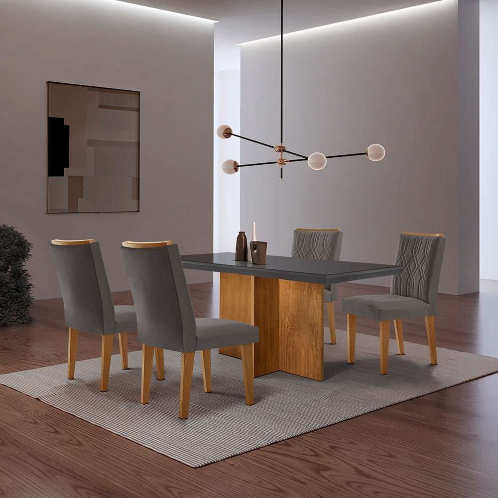 conjunto de mesa de jantar retangular com tampo de vidro berlim e 4 cadeiras alegra veludo grafite e imbuia