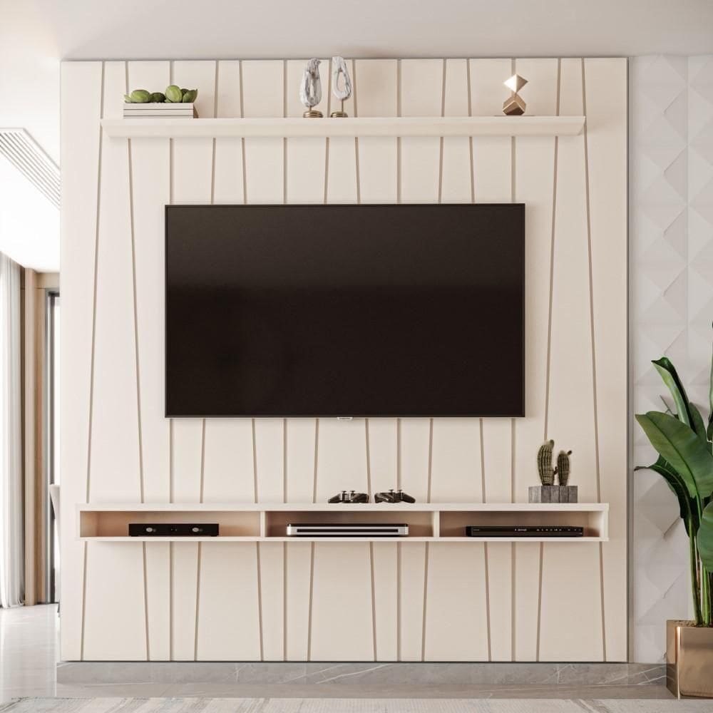 Painel Ripado Para Tv Até 75 Polegadas Roma Com Nicho 225cm Off White