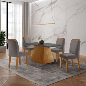 conjunto de mesa de jantar retangular com tampo de vidro luna e 4 cadeiras athenas veludo grafite e imbuia