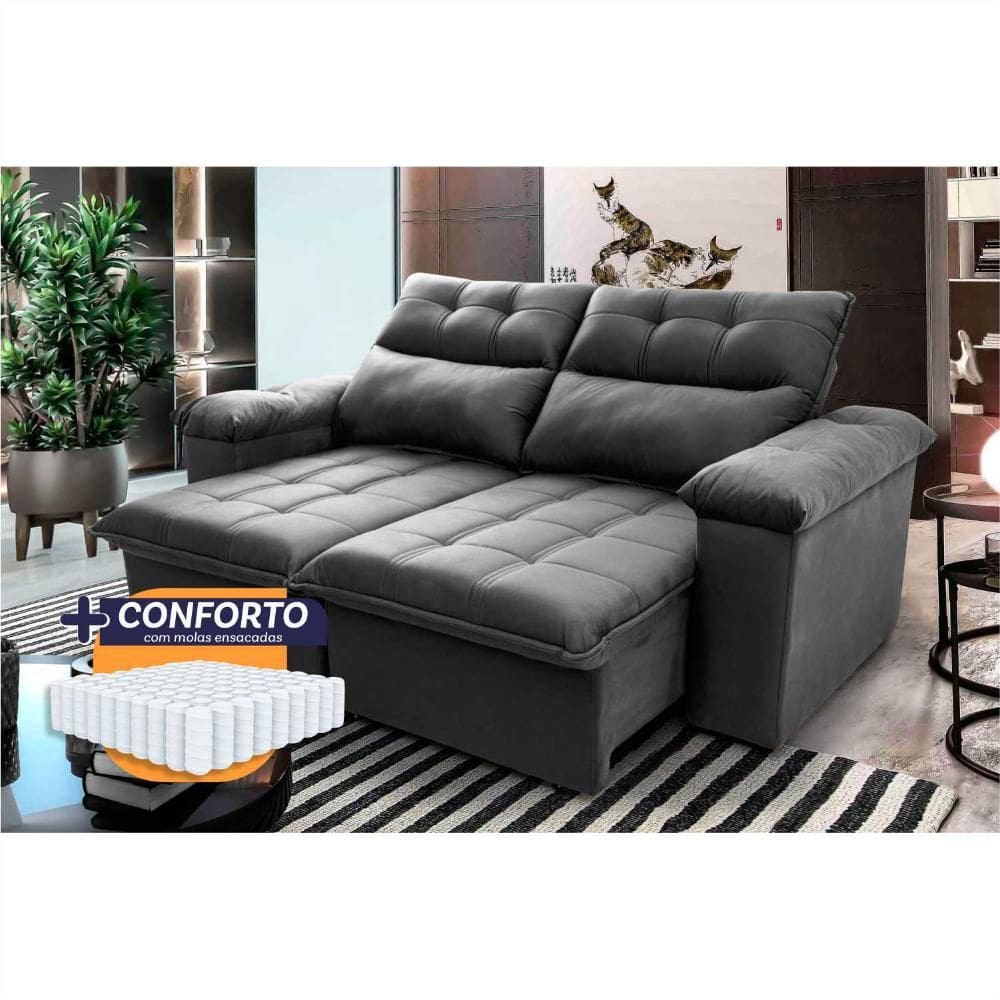 Sofá Retrátil Reclinável Verona 1,50m Suede Velut Cinza Molas Ensacadas - King House