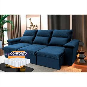Sofá Retrátil Reclinável Paris 2,30m Suede Velut Azul Molas Ensacadas - King House