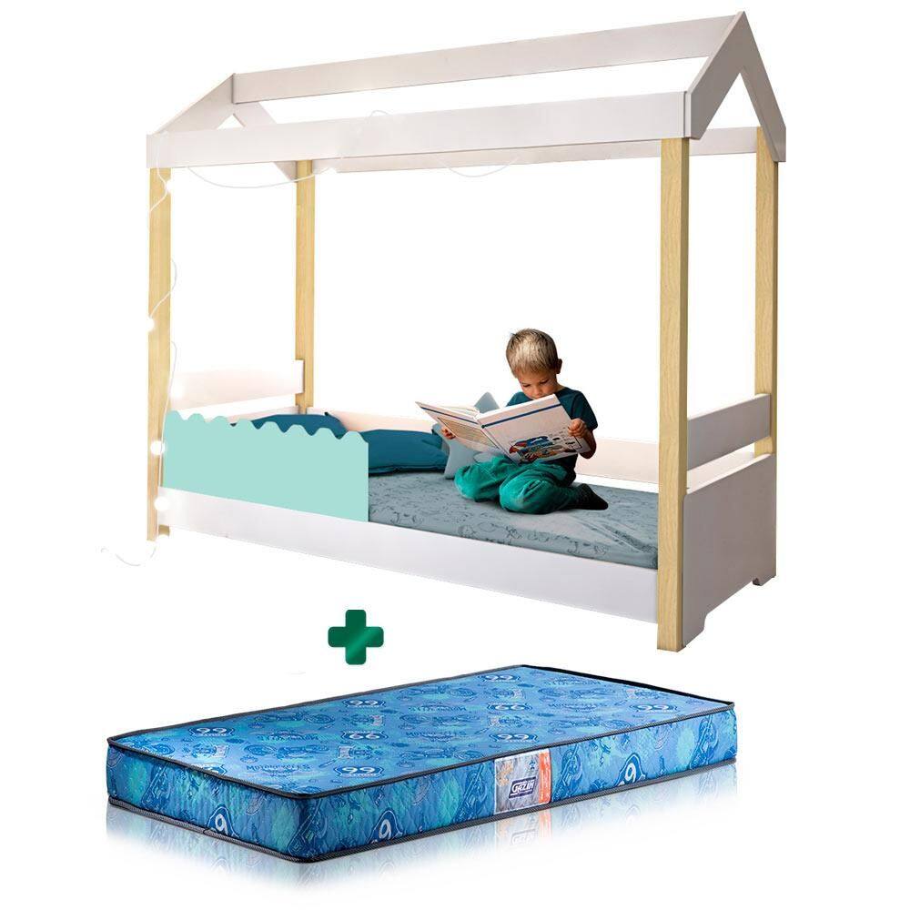 Cama Infantil Solteiro Branco Nature Com Proteção Menta E LED Jhulia Divaloto Com Colchão Gazin - Branco
